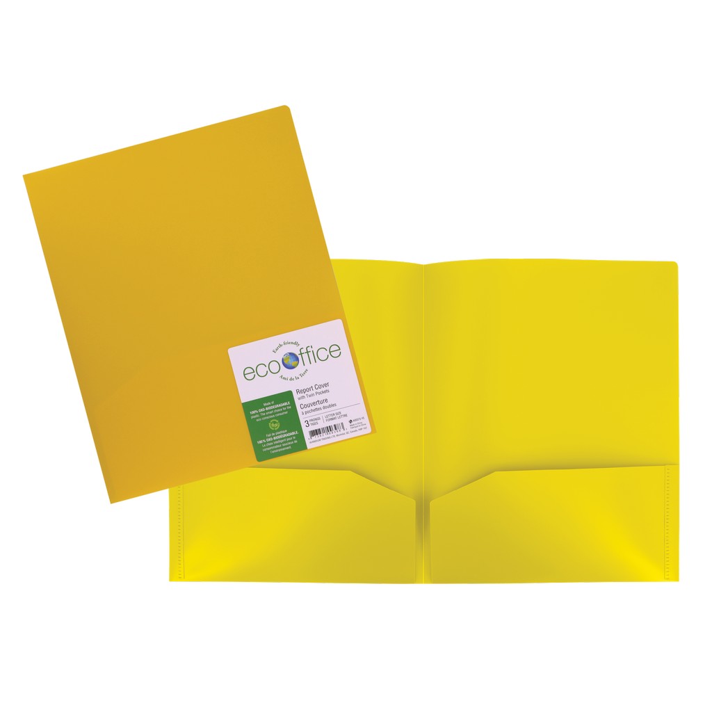 Duo tang plastifié sans attache avec pochettes - Jaune