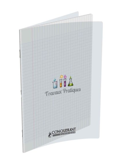 Cahier piqûre TRAVAUX PRATIQUES seyes/unis - Polypro - Incolore - 21x29.7cm 96 pages - Conquérant