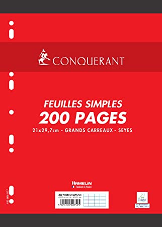 Conquerant - Paquet 200 copies simples 21×29.7cm grands carreaux (seyès) perforées
