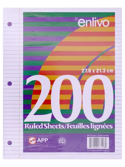 Feuilles lignées 8.5" x11" , 3 trous, 200 pages