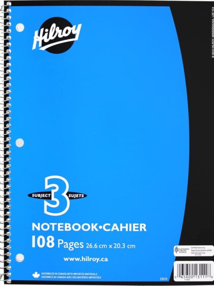 Cahier Hilroy à spirale, 108 pages lignées, 3 sujets, couleurs assorties