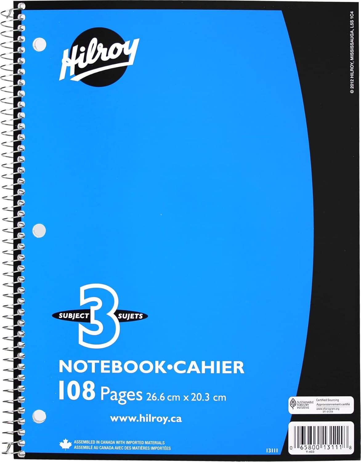 Cahier Hilroy à spirale, 108 pages lignées, 3 sujets, couleurs assorties