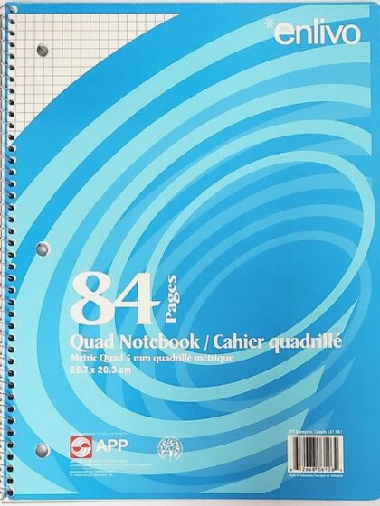 Cahier d'exercises  à reliure spirale, quadrillé métrique 5 mm, 10.5"x8", 84 pages - APP
