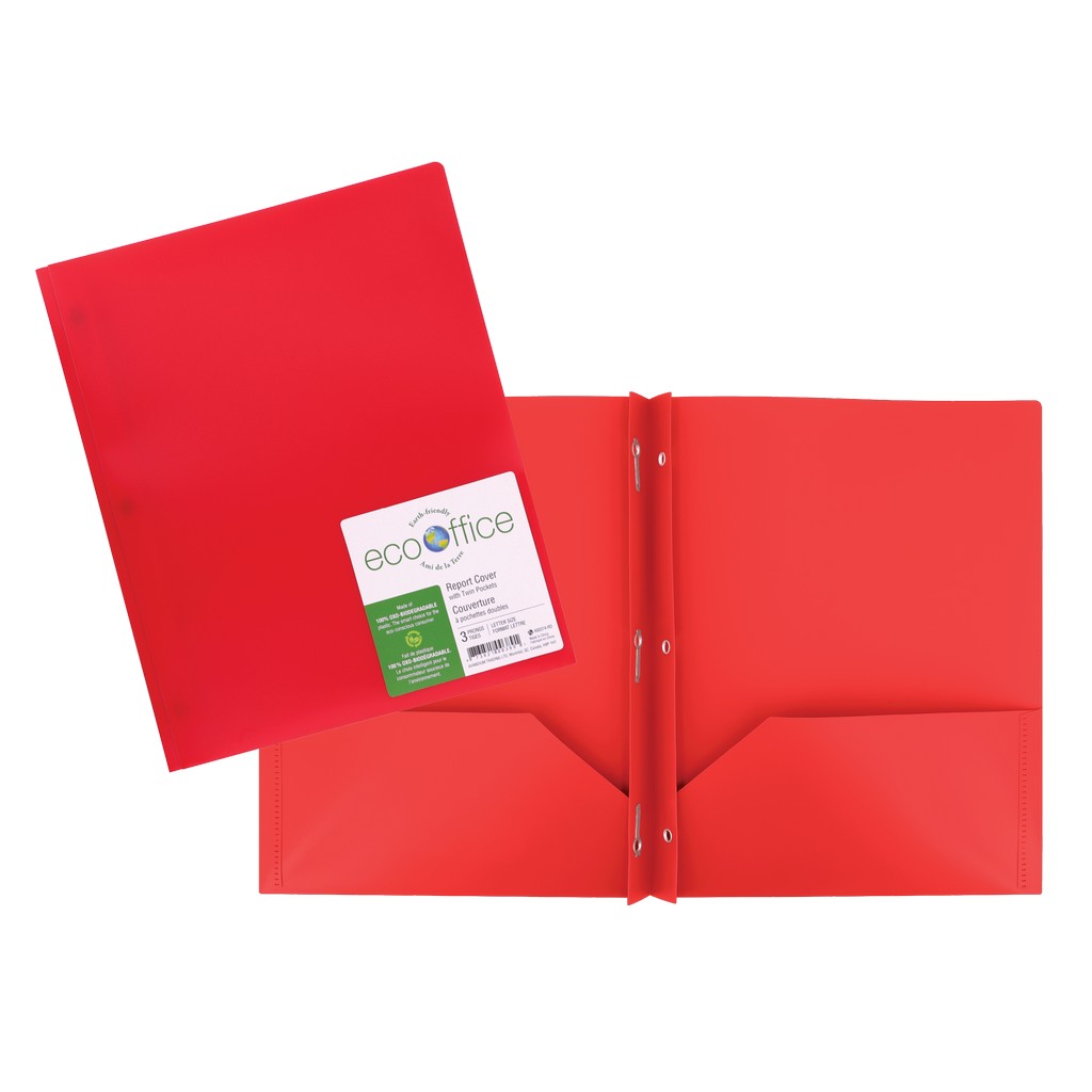 Duo tang en polypro avec 3 attaches et 2 pochettes - Rouge