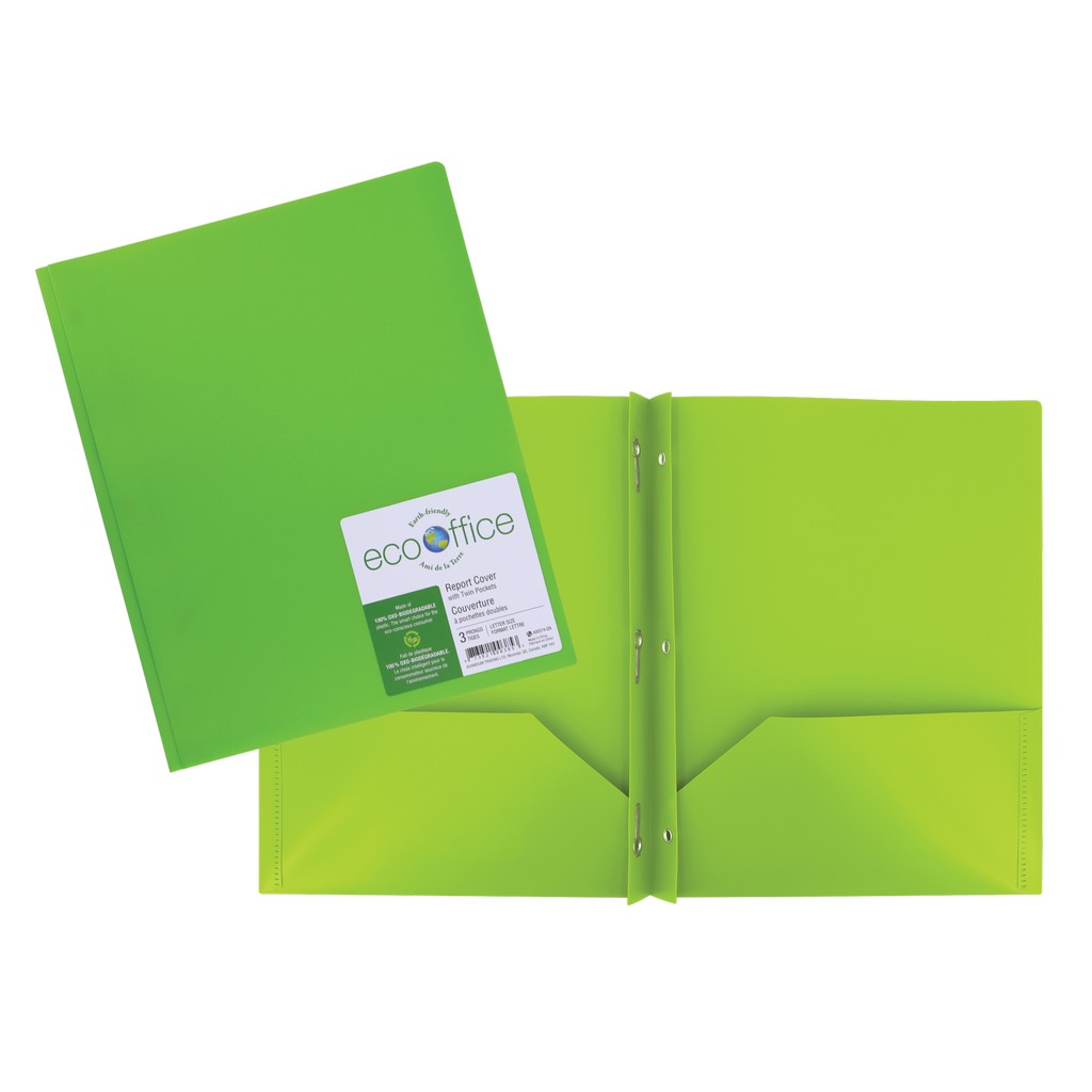 Duo tang en polypro avec 3 attaches et 2 pochettes - Vert clair