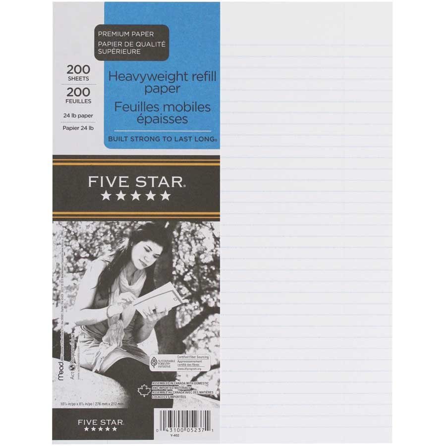 Feuilles de classeur Five Star perforées 3 trous 200p