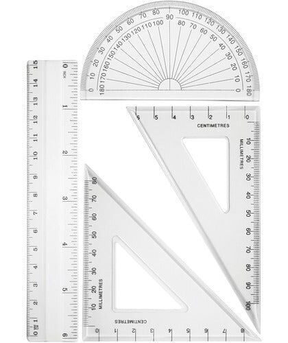 Set de traçage en plastique gradué comprenant: 1 règle graduée 15 cm , 1 équerre 2 en 1 (60° et 45°) et 1 rapporteur 10cm gradué en degrés