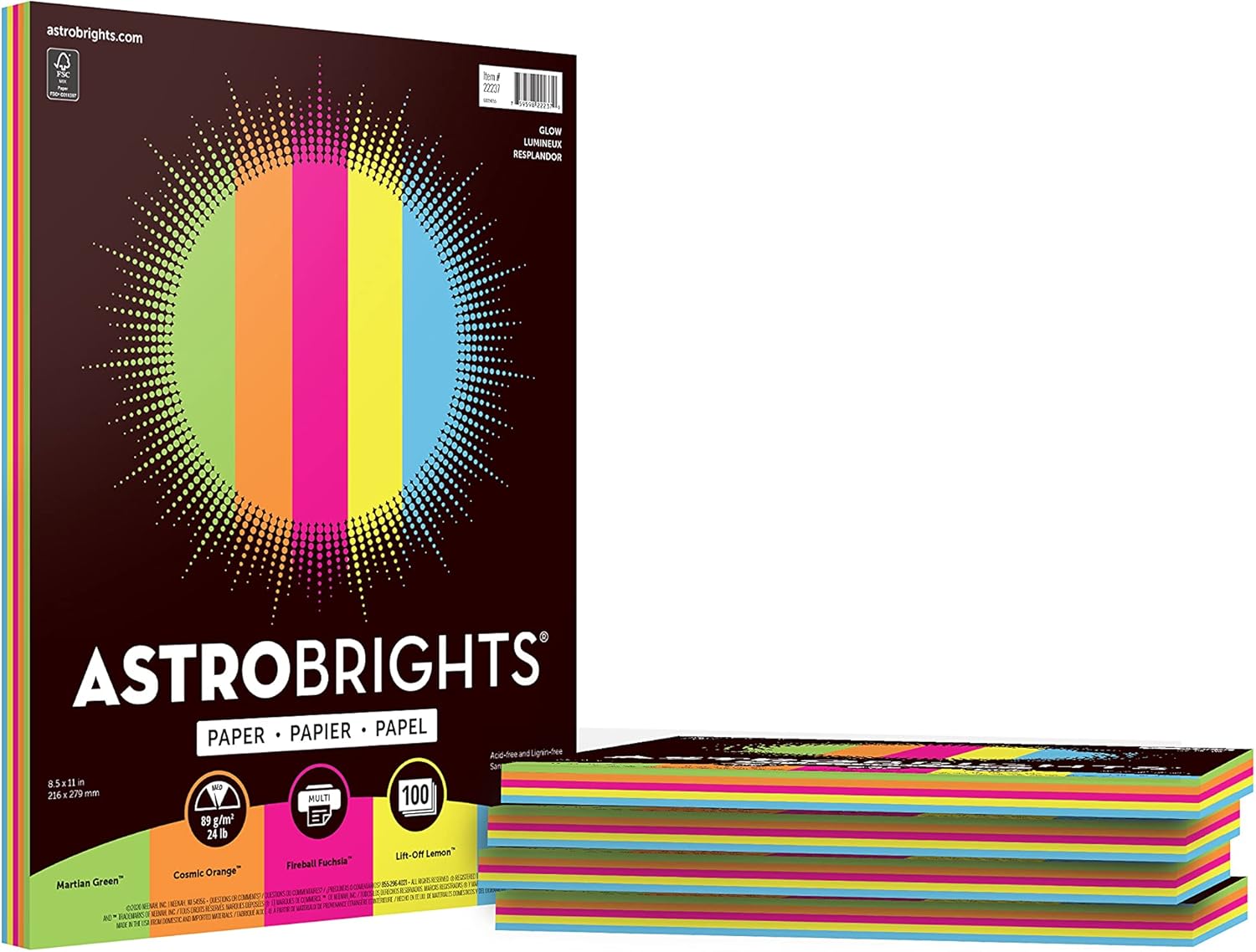 Astrobrights - Papier couverture - 8,5po x 11po - Glow - 5 couleurs - Paquet de 100 feuilles
